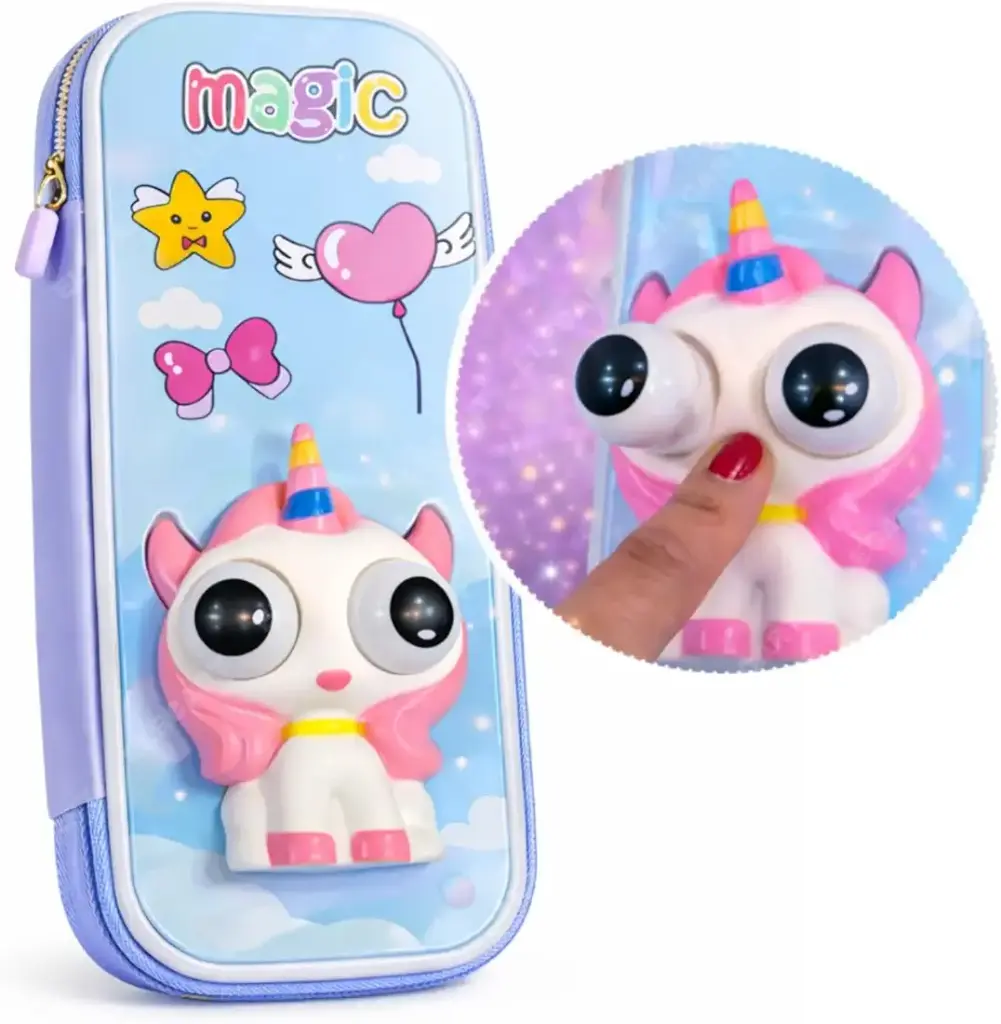 Unicorn Pop Eye 3D Pencil Case | Cute Cartoon Unicorn Zipper Pouch  | Stress Relief Pop-Out Eyeballs |  Large Capacity Stationery Organizer for Kids 
