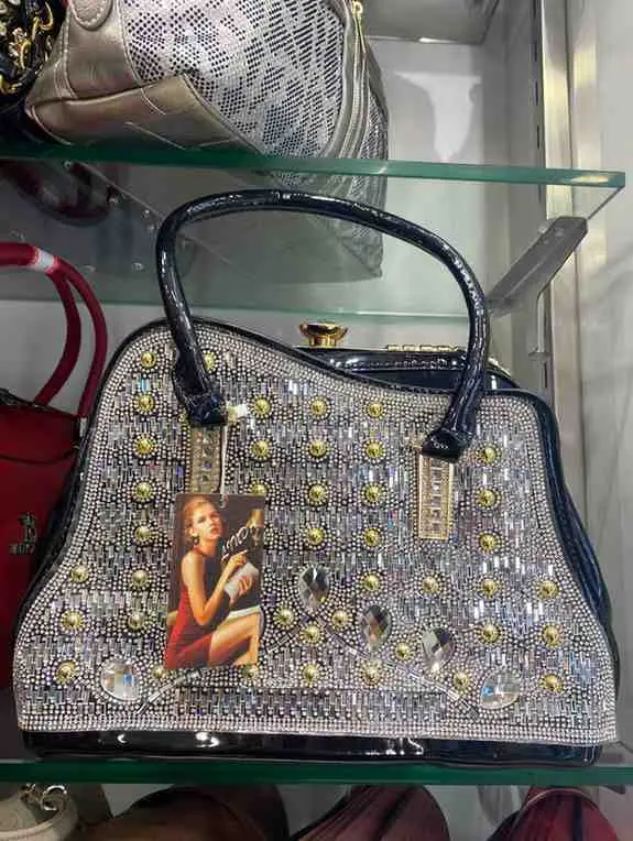 Black Femiga Synthetic leather Handbag Adorned with Rhinestones and Studs