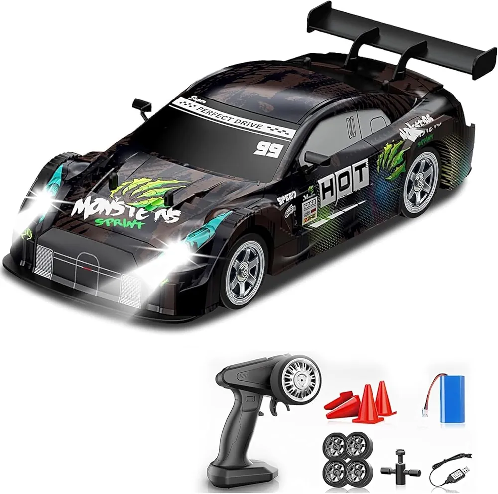 Big Remote Control Car Black | 2.4G RC Drift Vehicle with 100 m Range, Smoke Effect, Neon Lights & Music | Rechargeable Remote Control Car | Best Gift for Boys & Girls 