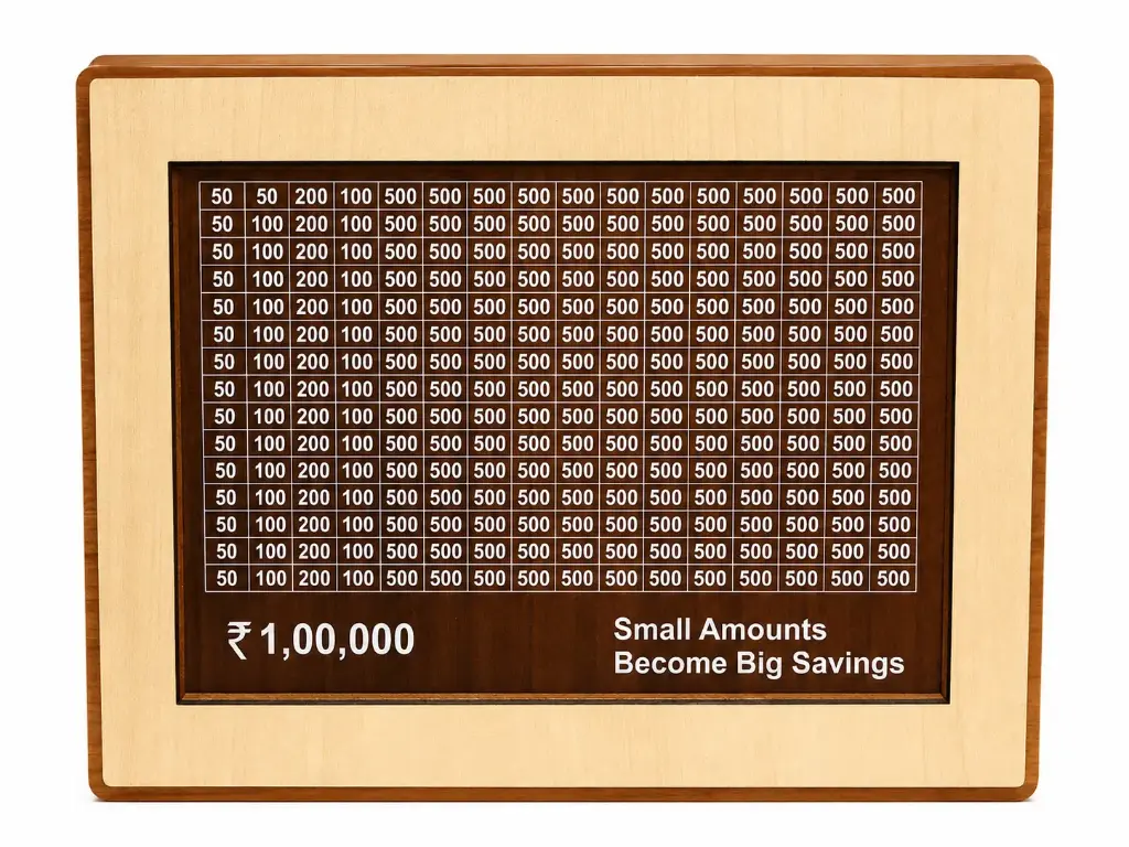 Wooden Money Piggy Bank with 100000 Rupees Goal Tracker, Savings Chart, Cash Collection Box for Kids and Adults
