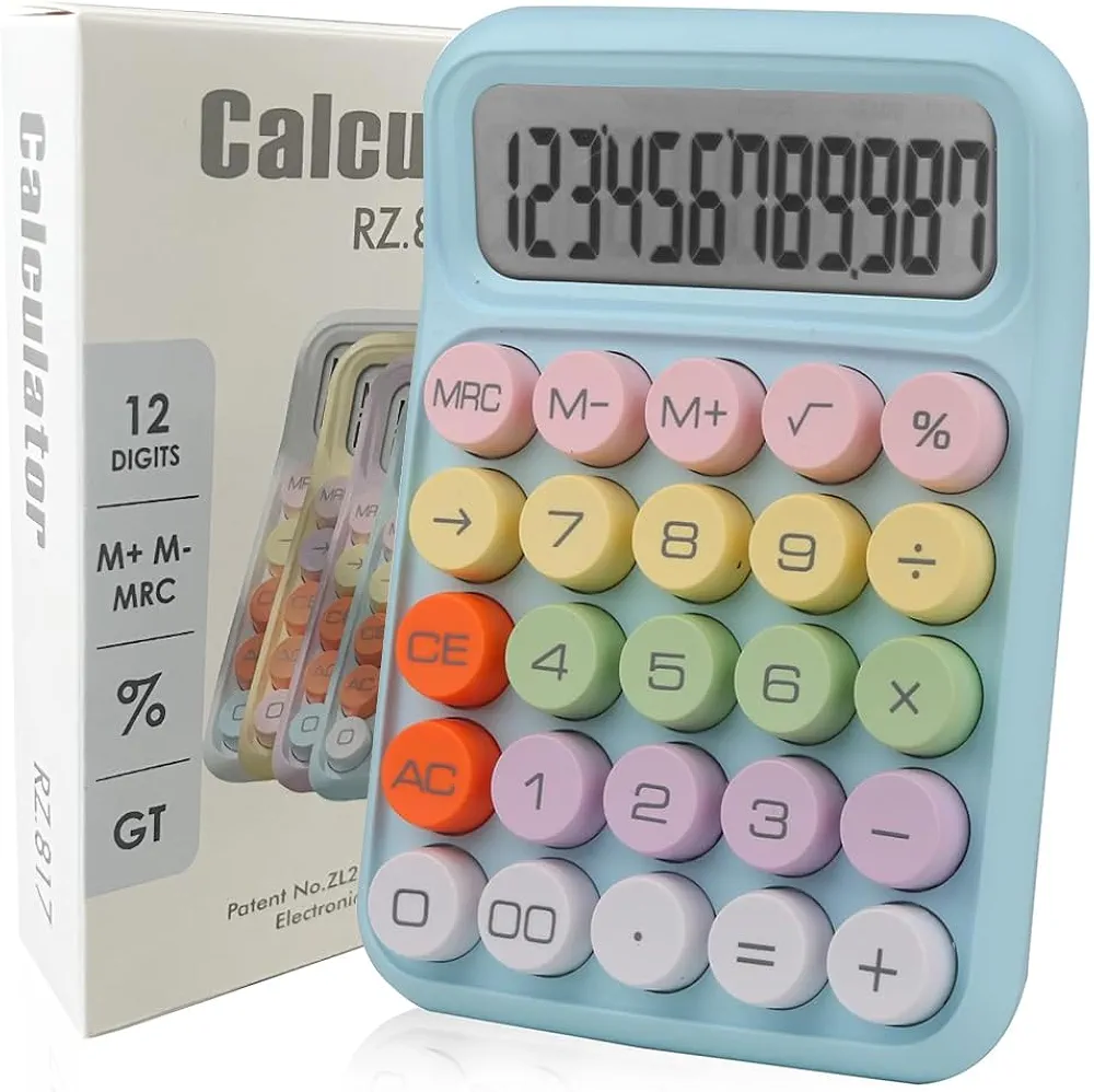 Colorful Candy Mechanical Calculator, 12 Digit Large LCD Display, Easy to Press, Automatic Sleep, with Battery 