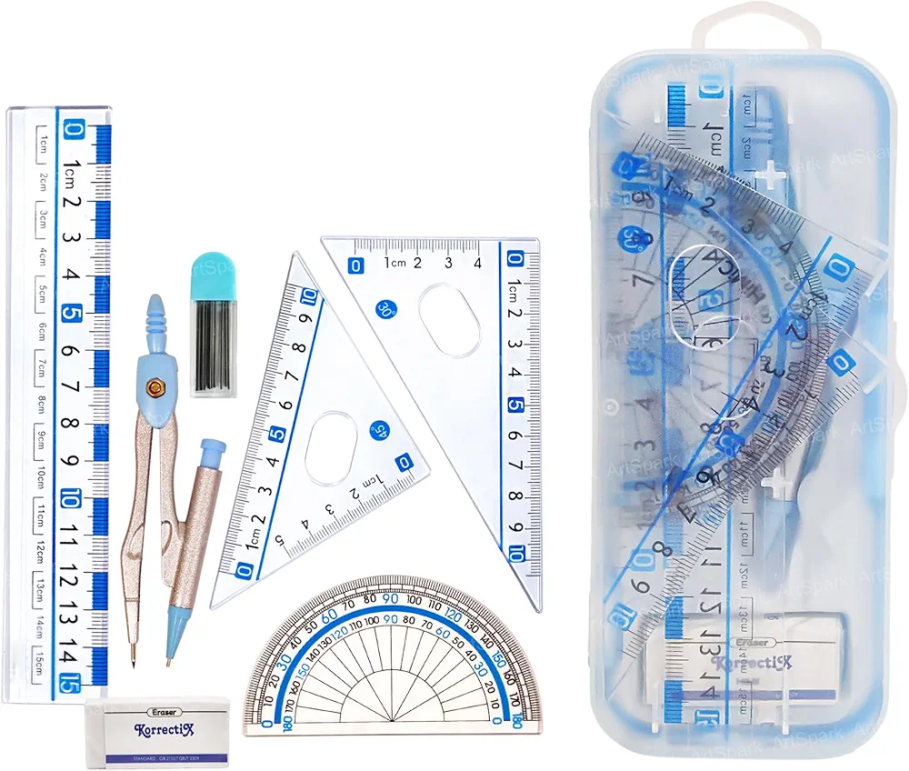 Metal Compass Set - Geometry Box with Compass, Set Squares, Ruler, Ruler Sets, Instrument Box, Math Geometry Kit for Student & Professional (7Pcs)