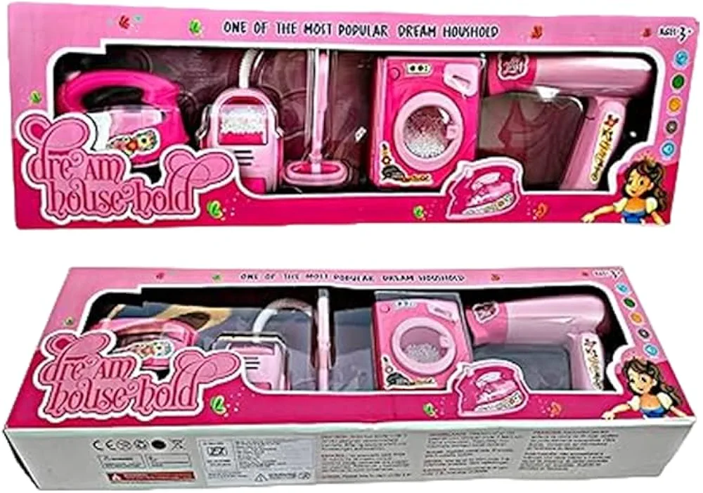 Household Play Set Home Appliances Toys for Kids, Girls Age 3-6 Years Old Battery Operated Includes Iron Box, Washing Machine, Vacuum Cleaner, Hair Dryer 