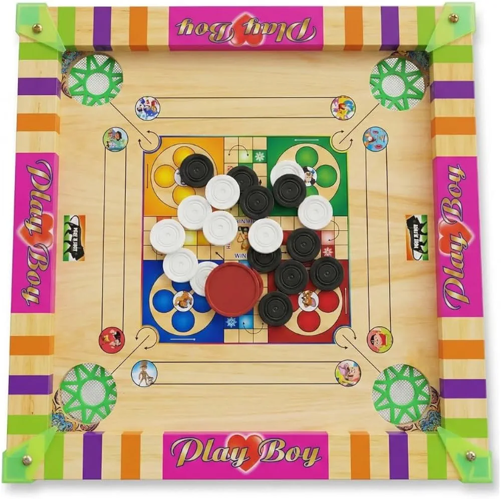  SMALL SIZE 3-in-1 Carrom Board Game | Compact Wooden Carrom & Ludo Board Game Set | Indoor Family Game for Kids & Adults | Portable Traditional Board Game for Home Entertainment 
