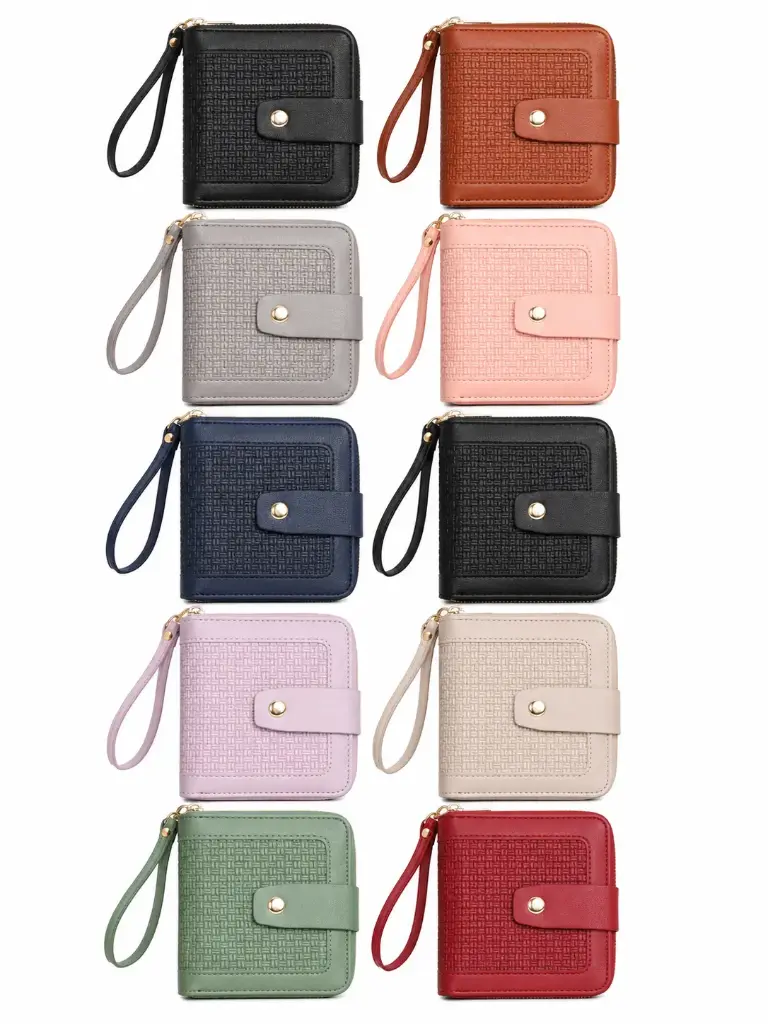 WOMENS LEATHER COMPACT WALLET | Woven Texture Design | Snap Button Closure | Multi Colors | Smooth Zipper Closure