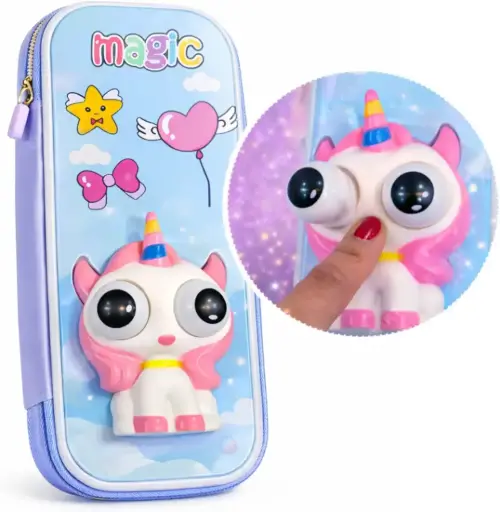 Unicorn Pop Eye 3D Pencil Case | Cute Cartoon Unicorn Zipper Pouch  | Stress Relief Pop-Out Eyeballs |  Large Capacity Stationery Organizer for Kids 