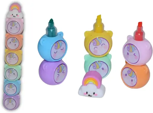 6 Pastel Color Highlighter Pen With Cartoon Design Cap for Kids To Learn With Play and Fun ( Pack of 1 ) - Unicorn