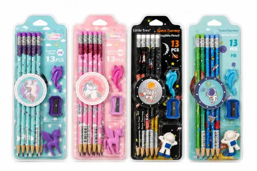 Stylish Pencils Stationery Kit - Set with 1 Sharpener | 1 Erasers | 10 Pencils | 1 Pencil Cap | for Kids, Boys and Girls | Birthday Return Gift Stationery Set, Multicolour