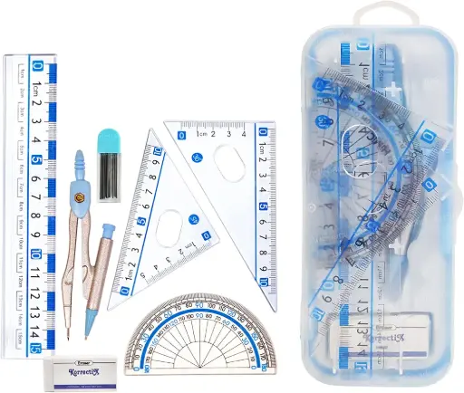 Metal Compass Set - Geometry Box with Compass, Set Squares, Ruler, Ruler Sets, Instrument Box, Math Geometry Kit for Student & Professional (7Pcs)