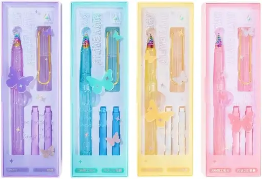 Butterfly Twilight Gradient Fountain Pen Set, Refillable Aesthetic Ink Pen with Rainbow Nib, Smooth Writing for Students, Office, 6 Ink Colors, Pack of 1